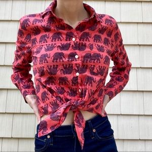 J Crew Elephants Red Button Down Tie Front Top